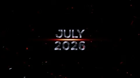 Metallic silver text displaying July 2026 with glowing orange light streaks.. Vídeos de archivo 343576369