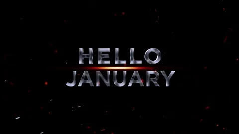Metallic silver text reading Hello January with glowing orange light accents Video stock 343576386