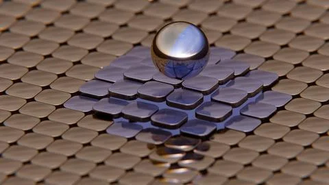 Metallic Sphere on Textured Tile Surface Reflecting Light in a Futuristic Des Stock Illustration