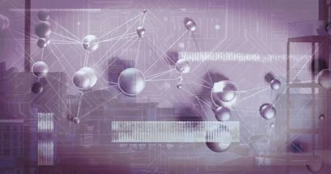 Metallic spheres materializing into network under pulsing light bar sweeping Stock Footage 311604754
