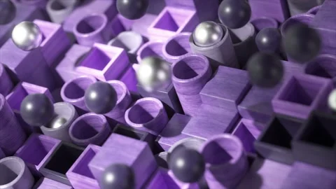 Metallic spheres meander through a labyrinth of violet-hued blocks in this Stock Footage 265430060
