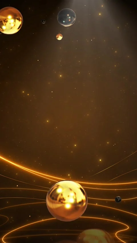 Metallic spheres move through amber light paths and sparkling particles, forming Stock Footage 341043819