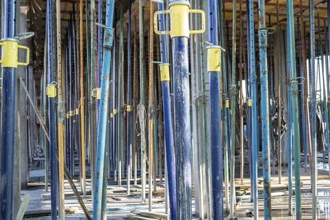 Metallic Struts in building structure under construction. Construction tools Stock Photos