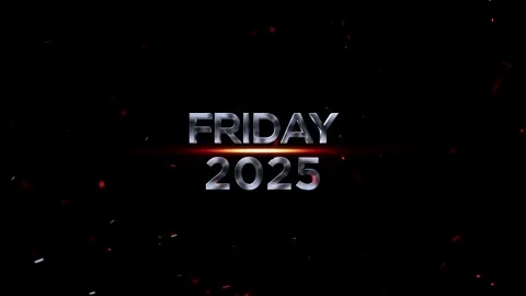 Metallic text reading Friday 2025 with glowing light and floating embers Video stock 343576419