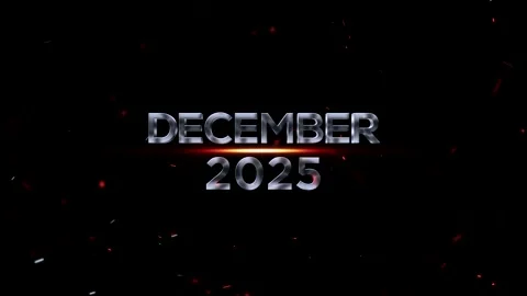 Metallic text rendering of december 2025 with glowing orange embers and fie.. Video stock 343576433