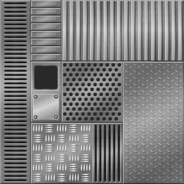 Metallic textured backgrounds, different graphic design patterns. Stock Illustration