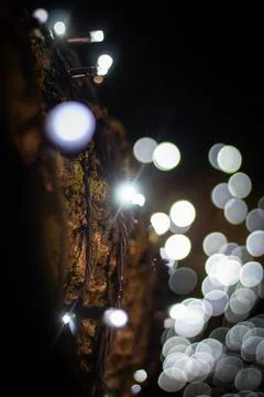Metallic  things on the rock and string light blurred bokeh background Foto stock