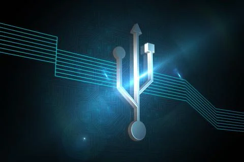 Metallic USB trident symbol is hovering at center in 3D render graphic with neon Stock Illustration