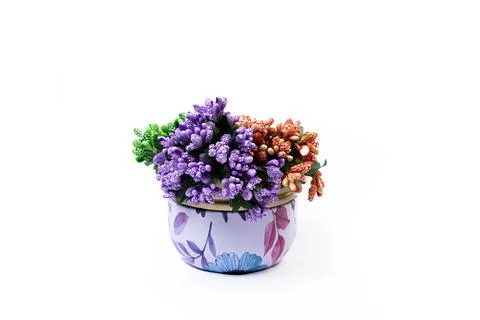 Metallic vase jar with white red blue flowers . with reflection, white backgr Stock Photos