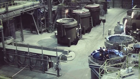 Metallurgy. Plant Metal processing. Work shop. Melting in electric arc furnaces Stock Footage 70840626