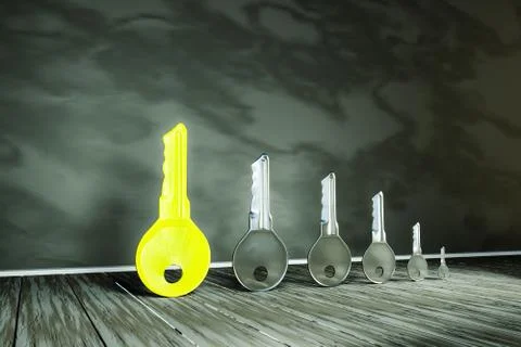 Metals keys in a shape of step growing growth on wooden blocks with one gold Illustrazione stock