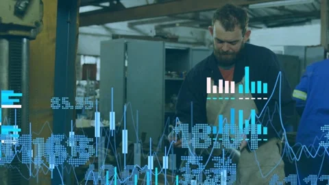 Metalworker checking device, generating animated charts obscuring bench while Stockbeeldmateriaal 335317035