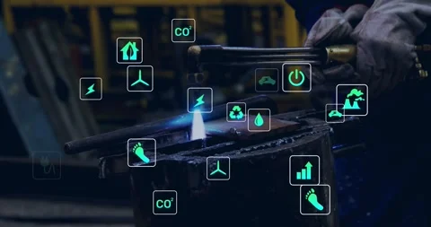 Metalworker igniting torch, heating plate for metalwork while energy icons Stock Footage 331048506