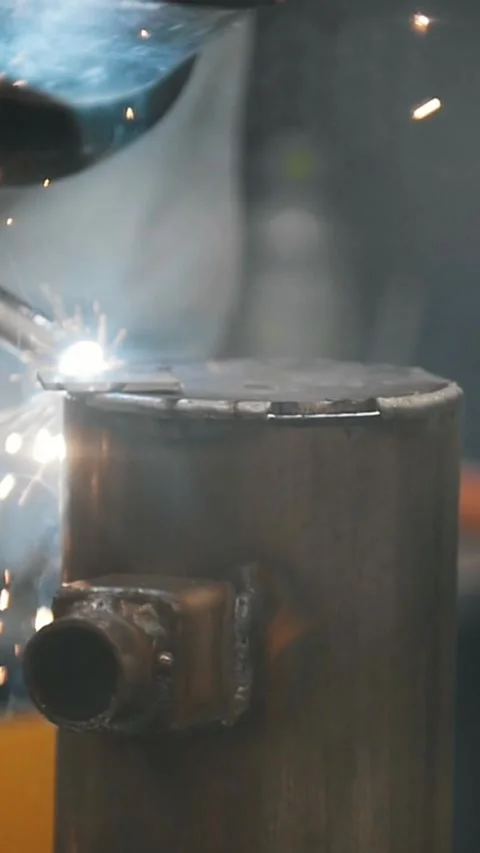 Metalworker using welding torch to fuse metal piece, sparks flying from the Stock Footage 336245450
