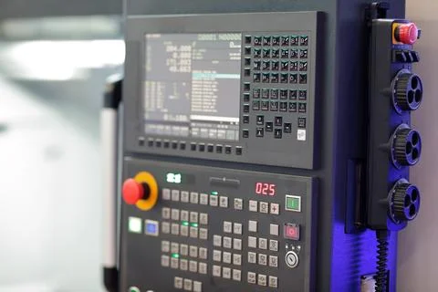 Metalworking machine CNC control panel close up Stock Photos
