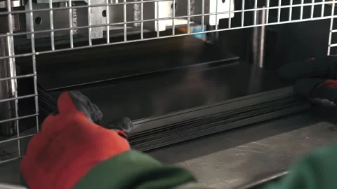 A metalworking machine cuts a sheet of metal into rectangles, Video stock 265317519