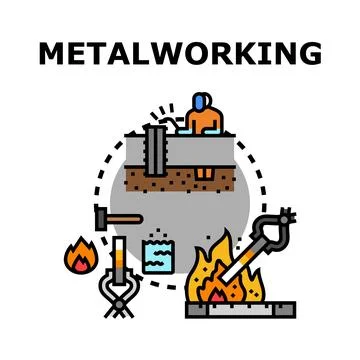 Metalworking process creating object with various tools Stock Illustration