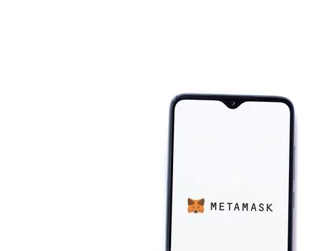 MetaMask app launch screen on smartphone on white background Stock Photos