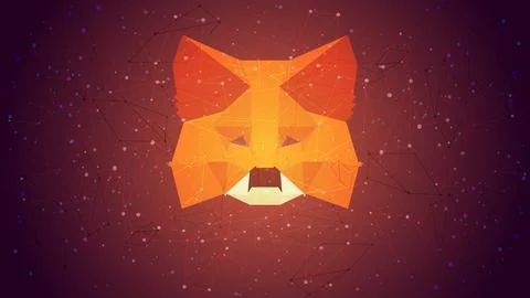 MetaMask logo sign on polygonal wireframe red background. Crypto wallet Stock Illustration