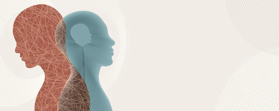 Metaphor bipolar disorder mind mental. Concept mood disorder. 2 Head silhouette Stock Illustration