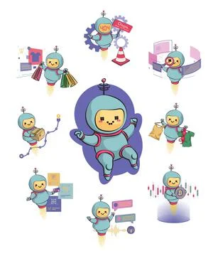 Metaphor chat bot icons set. Information engineering, artificial intelligence Stock Illustration