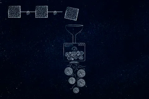 Metaphor of machine with funnel processing blockchains into crypto coins Illustrazione stock
