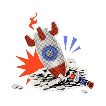 Metaphor of Startup Failed. Rocketship fall. Modern collage with halftone rocket Stock Illustration