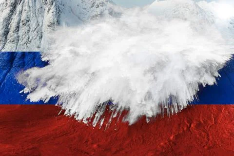 Metaphorical 3D rendering of Russian flag over mountain with avalanche. Foto stock
