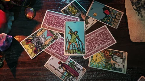 Metaphorical magic future divination ritual with Seven of Wands Tarot Card Stock Footage 250782728