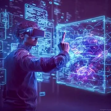 Metaverse and Blockchain Technology Concepts. Futuristic Tone. A person with Stock Illustration