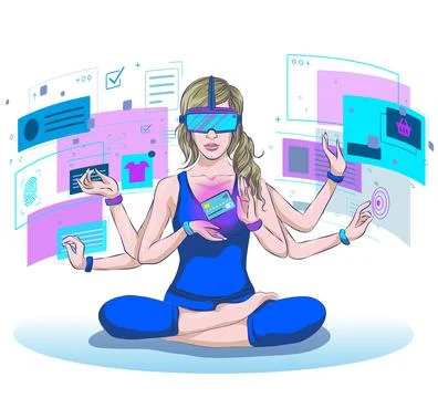 Metaverse and Digital Reality Virtual and Augmented Reality Technology, Coupl Stock Illustration