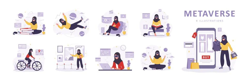 Metaverse and Virtual reality concept. Arabian women in VR glasses learning Stock Illustration