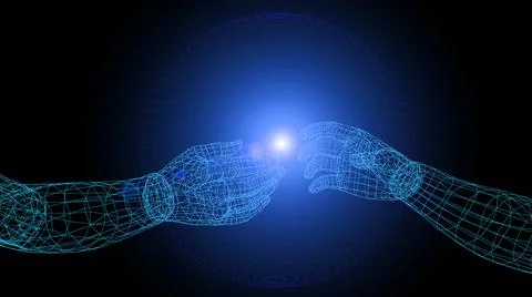 Metaverse background concept. 3D hands in virtual reality VR are connected in a Illustrazione stock