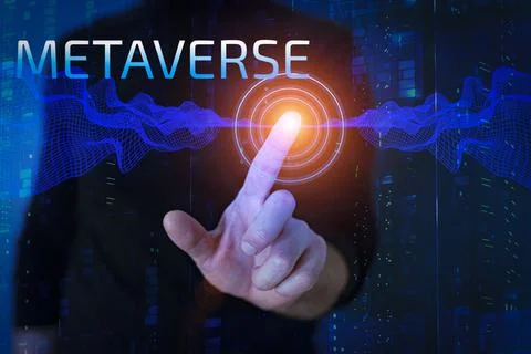 Metaverse background concept. Hand in virtual reality VR are connected in a big Stock-Fotos