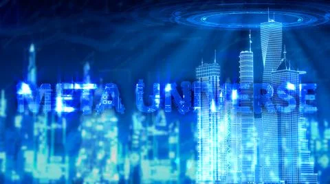 Metaverse background with text - city integrated in digital world Stockillustratie