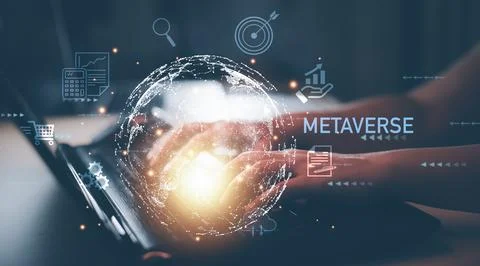 Metaverse with business concept, man using computer and touch virtual globe w Stock Photos