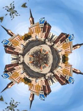Metaverse city with multiple churches small world Stock-Illustration