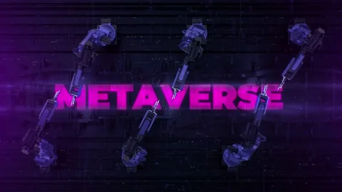 Metaverse concept. Automated Robot Arm Assembly Line Metaverse text title. Stock Footage 172483012