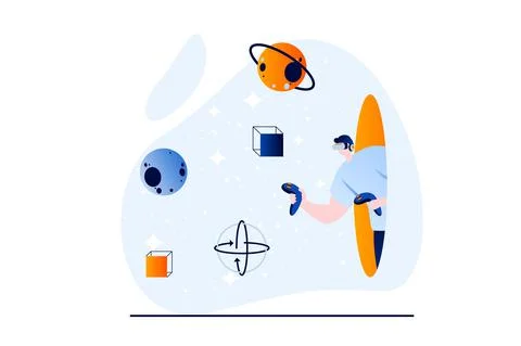 Metaverse concept with people scene in flat cartoon design. Man in VR headset Stock Illustration