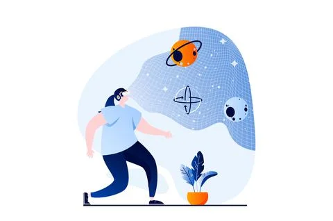 Metaverse concept with people scene in flat cartoon design. Woman in VR headset Stock Illustration
