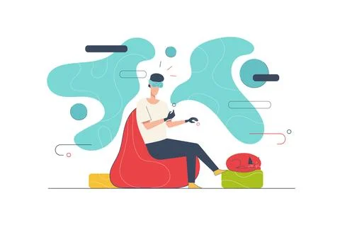 Metaverse concept with people scene in flat cartoon design. Man in VR heads.. Stock Illustration