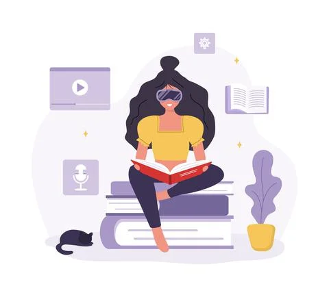 Metaverse, Cyberspace or Virtual reality concept. Woman in VR glasses sitting Stock Illustration
