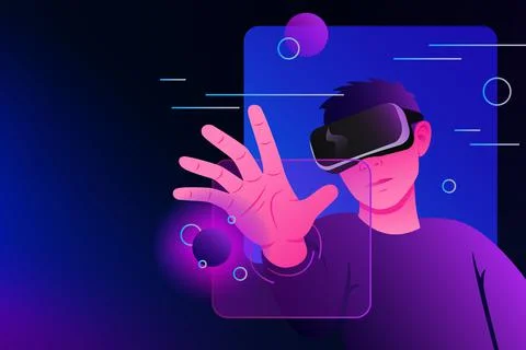 Metaverse Exploration. Alternative Reality. Man in VR goggles Web Illustration. Stock Illustration