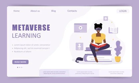 Metaverse learning landing page template. African woman in VR glasses sitting Stock Illustration