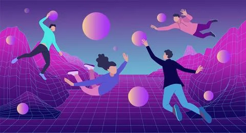 Metaverse. Meta VR future game. 3D online media platform. People floating in Stock Illustration
