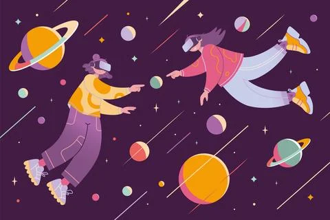 Metaverse or Virtual reality communication concept, cartoon style. Two girl.. Stock Illustration