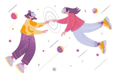 Metaverse or Virtual reality communication concept, cartoon style. Two girl.. Stock Illustration