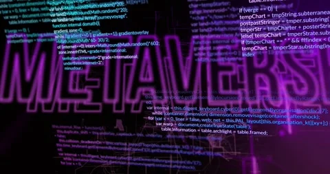 METAVERSE revealing after forward push, neon brightening, code scrolling, Stock Footage 328329679