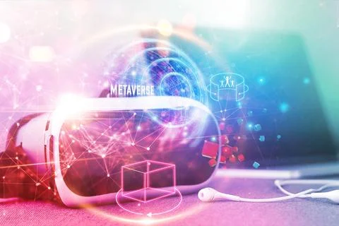Metaverse technology concept, VR virtual reality goggle on colorful networks Fotos Stock