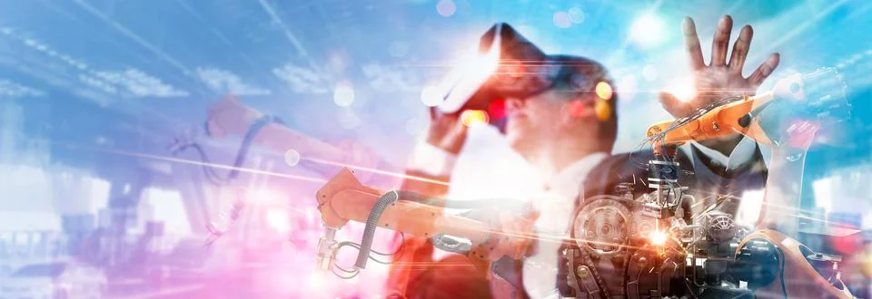 Metaverse Technology. Manager engineer use VR virtual reality goggle analyzing Stock-Fotos